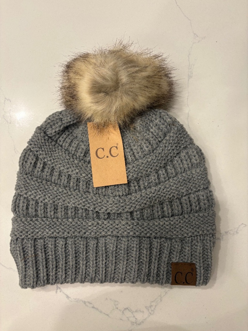 C.C Light Melange Grey Ribbed Hat With Faux Fur Pom